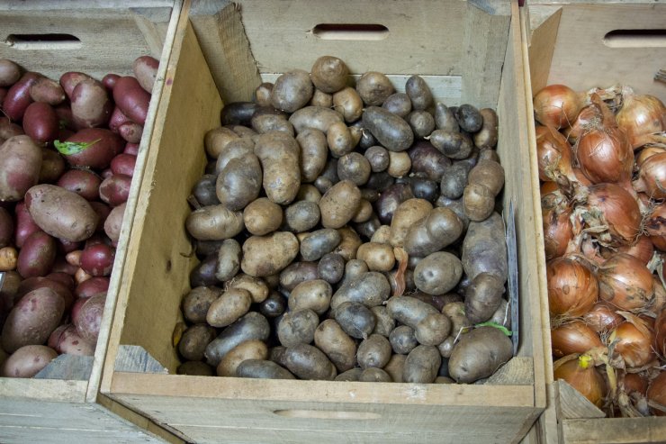 Organic Potatoes and Onions in Wooden Crates