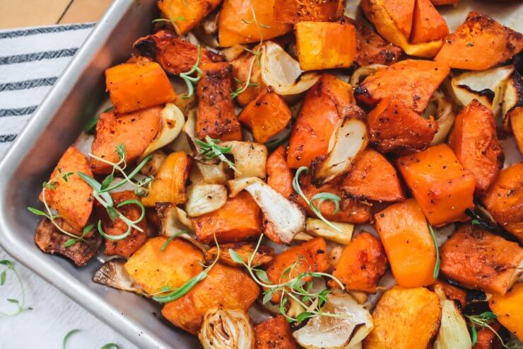 Vegetarian Pan Roasted Butternut Squash and Onions over Rice