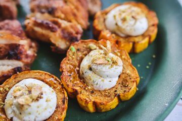 Roasted Delicata Squash with Honey-Garlic Goat Cheese and Toasted Squash Seeds