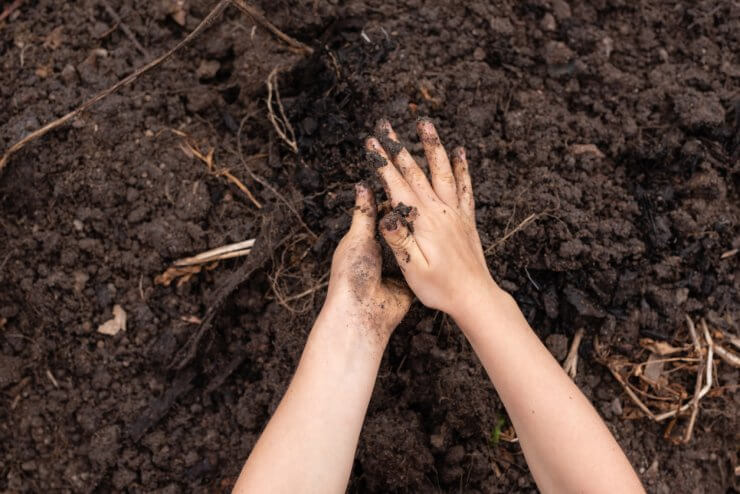 Digging in the dirt by hand.