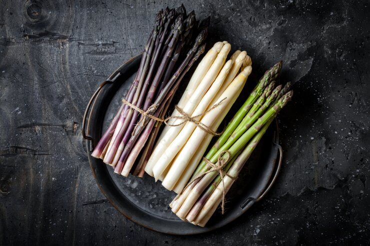 Purple, white, and green asparagus