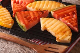 Grilled fruit ready for dressing with melon vinaigrette