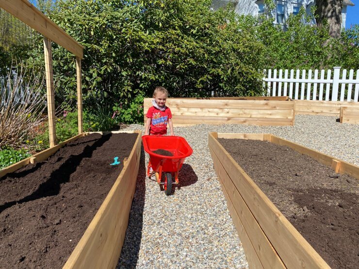 Child pushing wheelbarrow through raised beds.