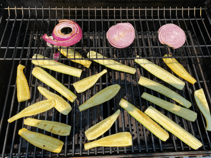 grilled summer squash and red onion with feta