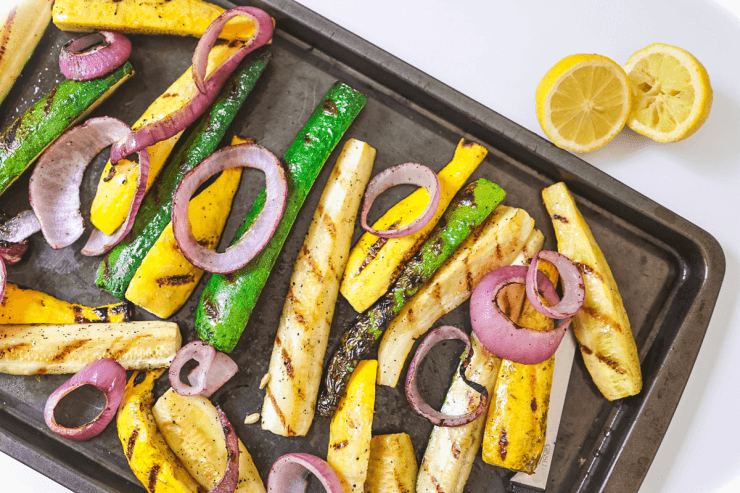 grilled summer squash and red onion with feta