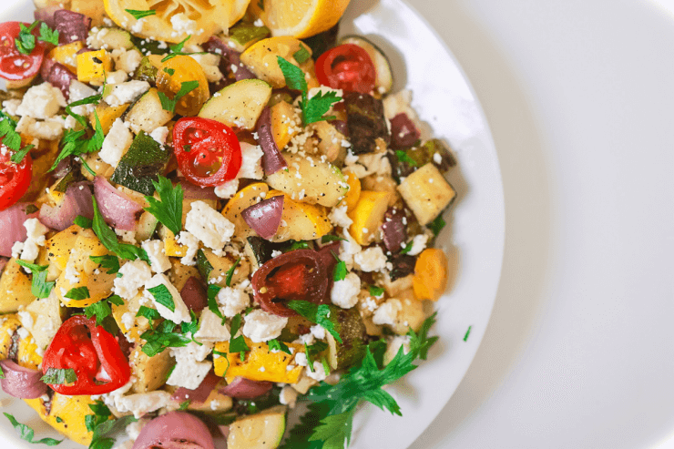 grilled summer squash and red onion with feta