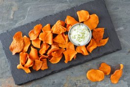 Spicy Sweet Potato Chips and Cilantro Dip
