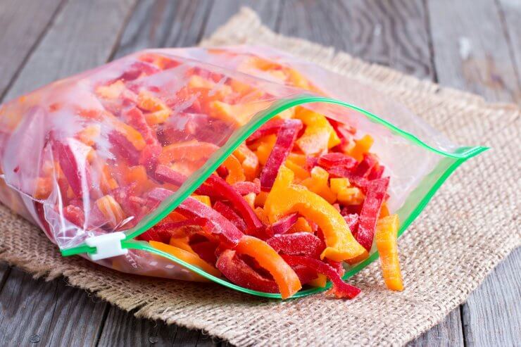Frozen bell peppers in plastic bag