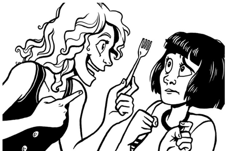 two girls one holding a plastic fork