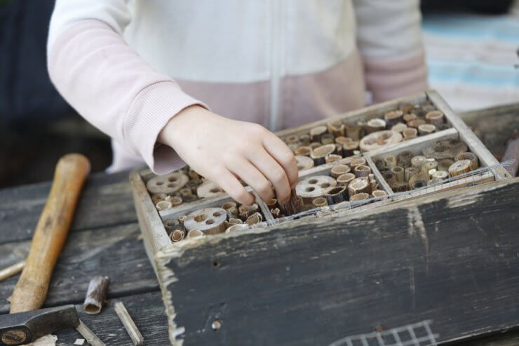 Child builds wooden insect hotel DIY