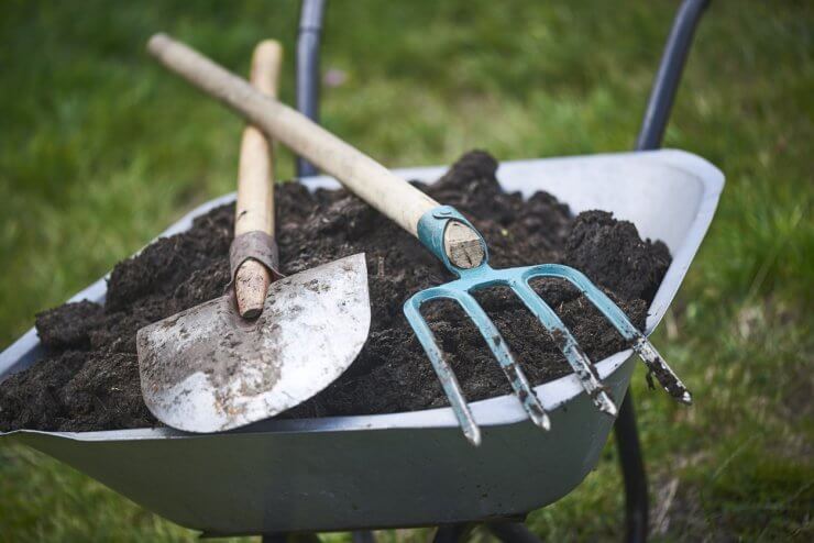 Gardening Fork, Shovel and Wheelbarrow