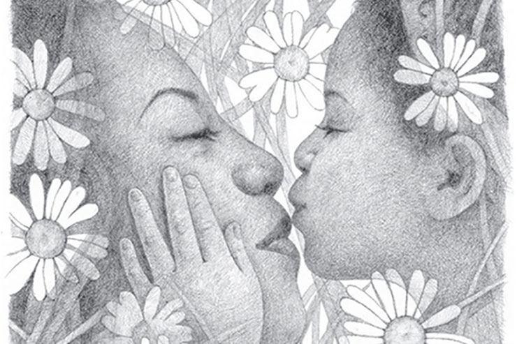 mother kisses her child in field of daisies