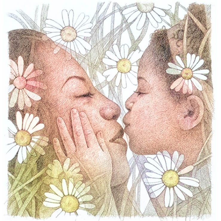 mother kisses her child in field of daisies