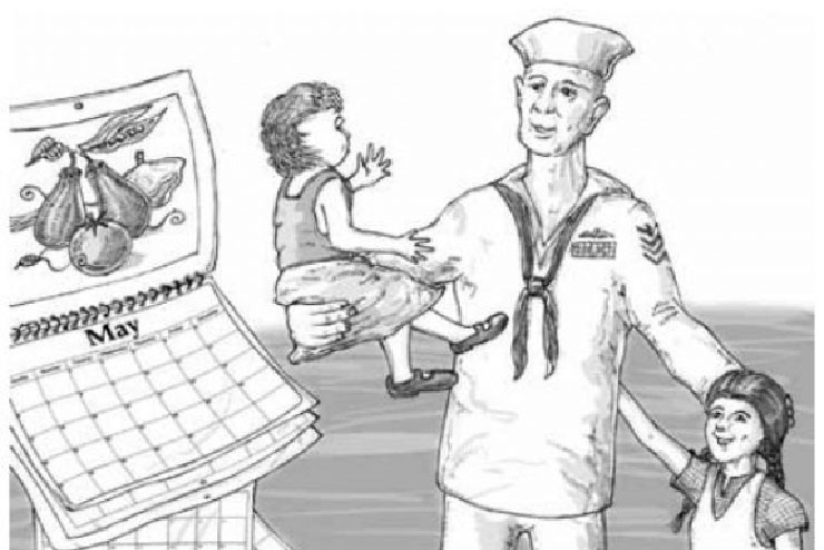 drawing of children waiting for father to return from Navy