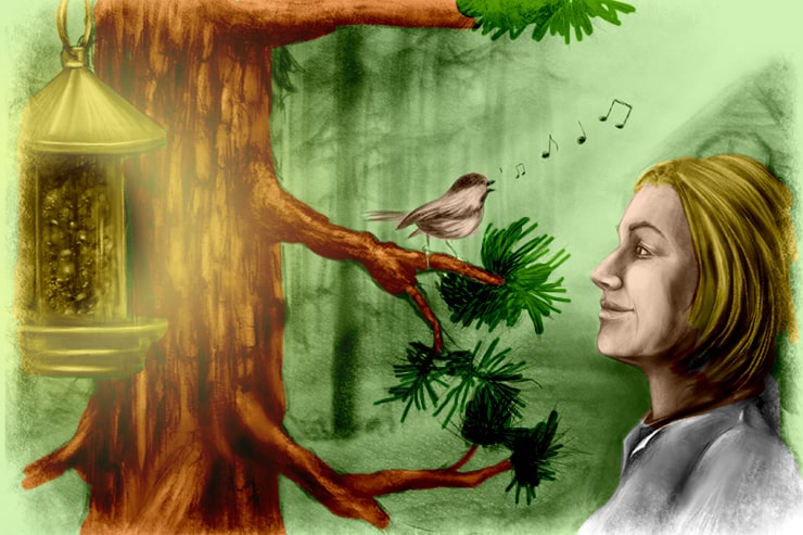 Woman listening to bird singing