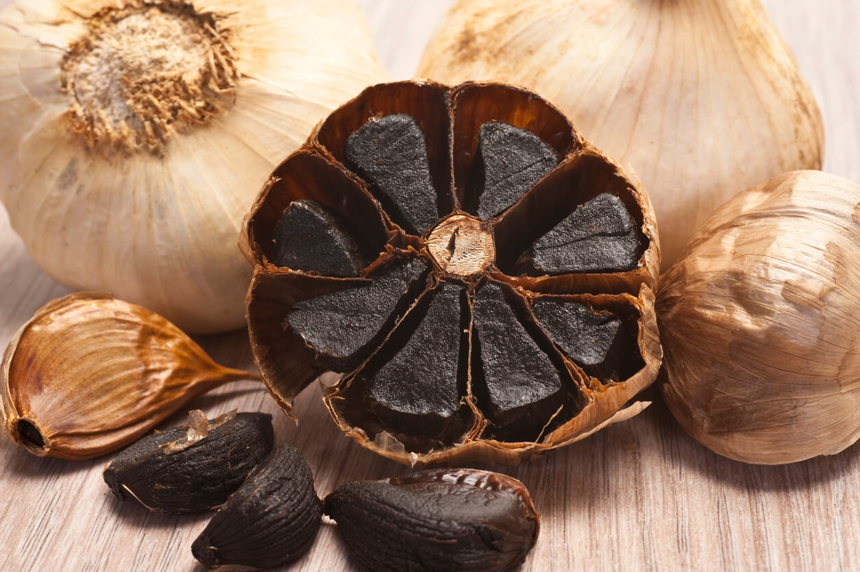 Close-up of caramelized flesh of black garlic