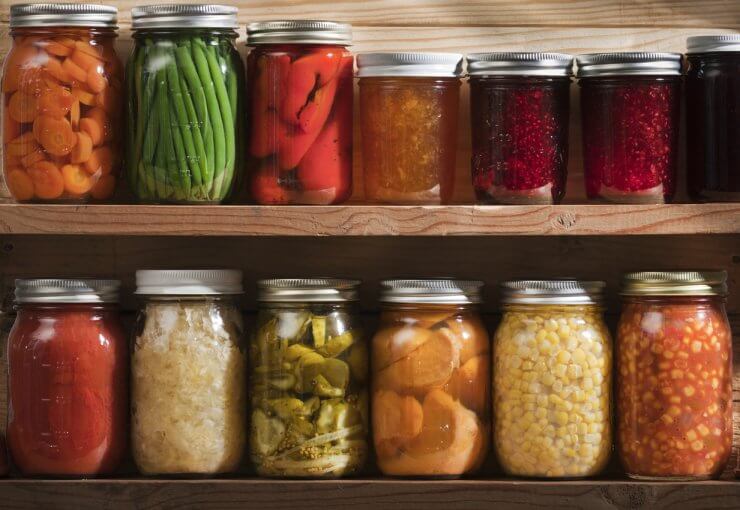 Home Canning, Preserving, Pickling Food Stored on Wooden Storage Shelves