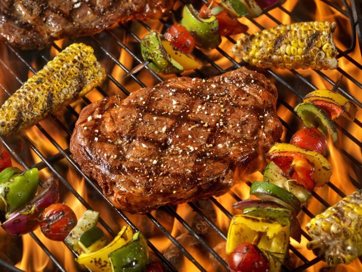 BBQ Rib Eye Steaks with Corn and Veggie Kabobs