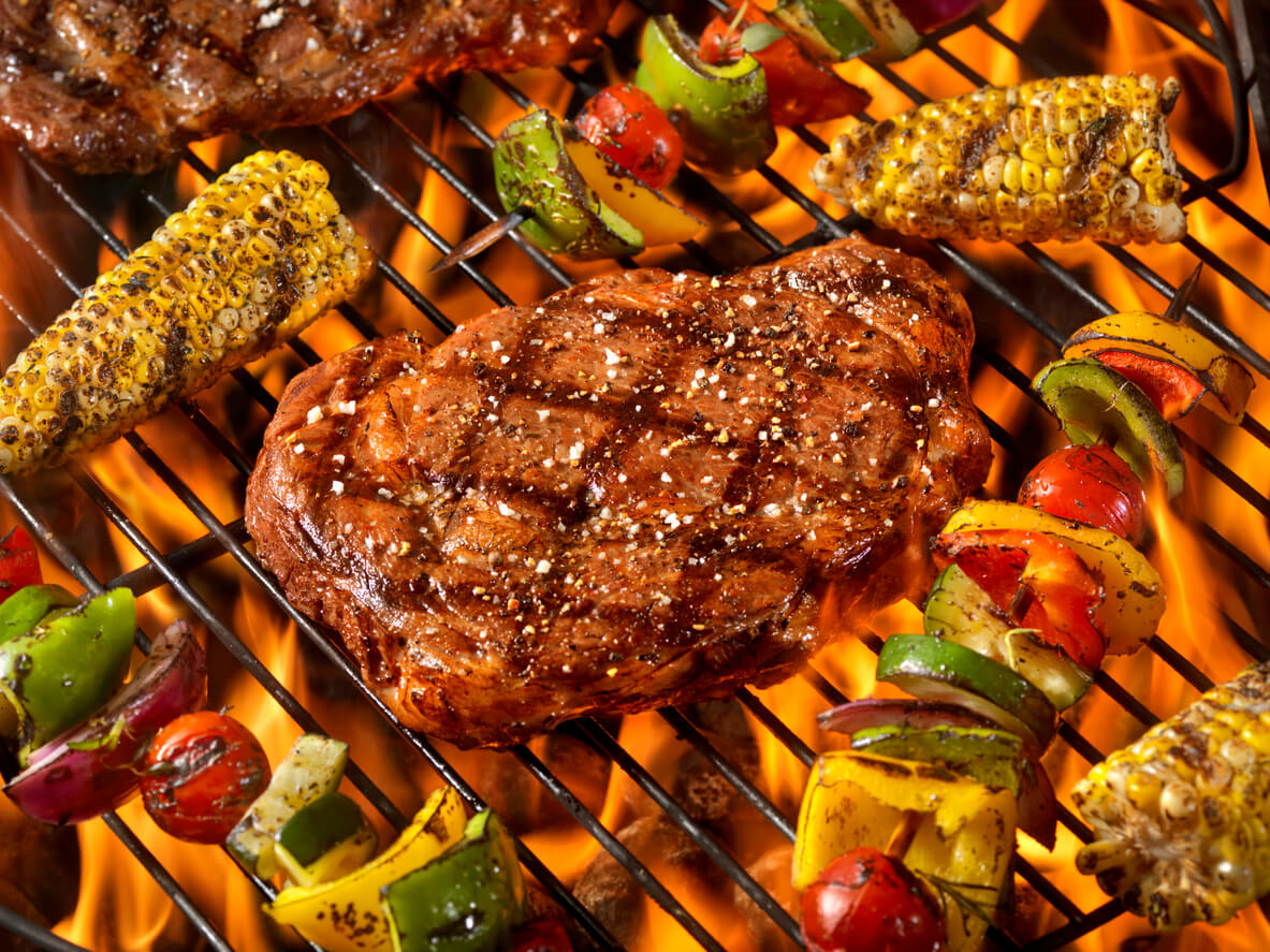 BBQ Rib Eye Steaks with Corn and Veggie Kabobs